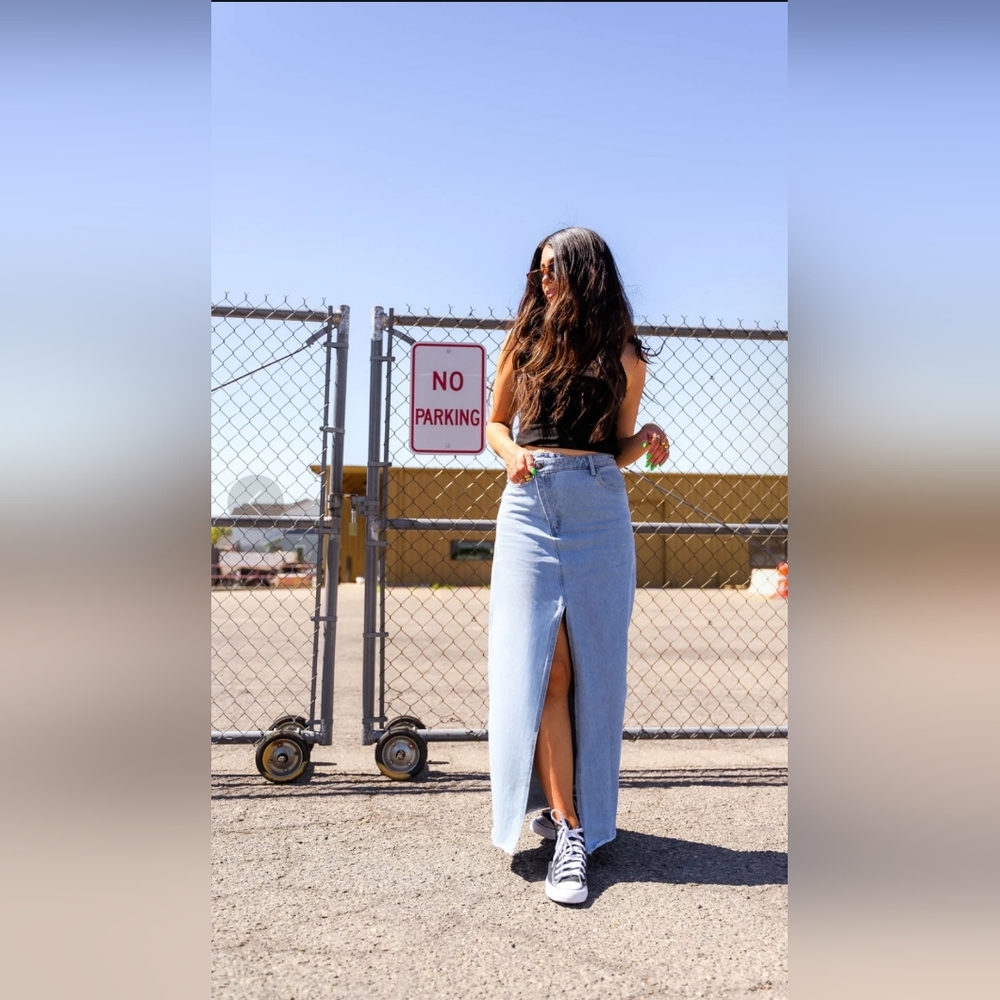LALA ORIGINAL: Don’t Kill My Vibe Criss Cross Denim Maxi Skirt size L